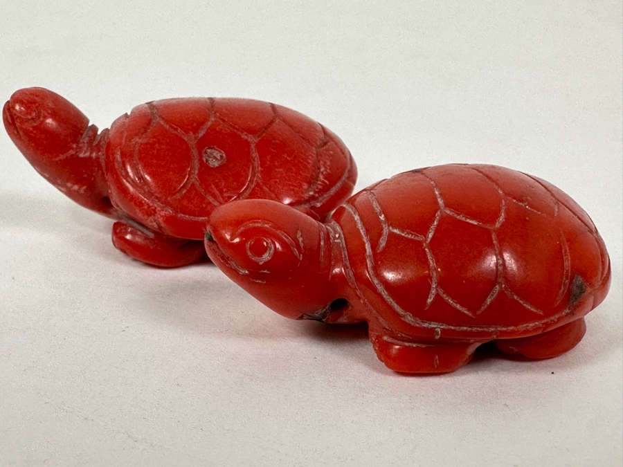 Pair Of Carved Red Coral Turtle Figurines 1.5'L [Photo 2]