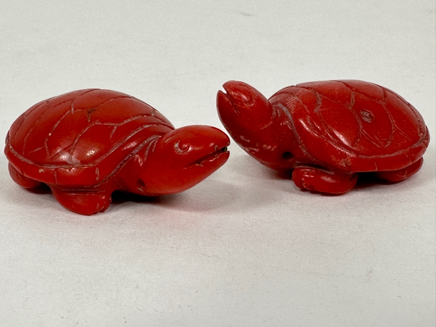 Pair Of Carved Red Coral Turtle Figurines 1.5'L [Photo 6]
