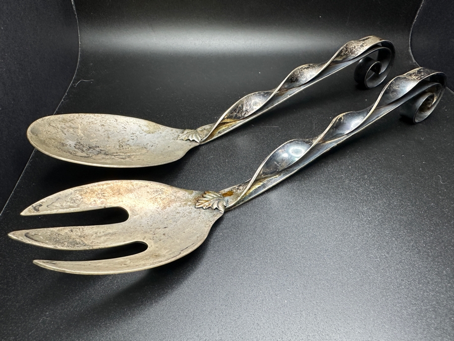 Handmade Ornate Sterling Silver Salad Serving Utensils Set With Spoon And Fork 10'L 216.9g [Photo 3]