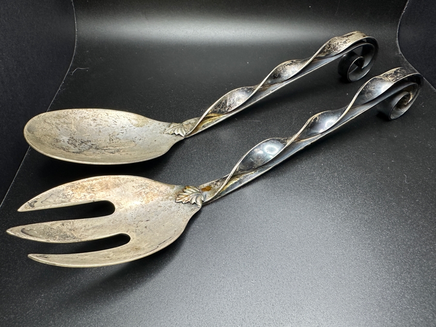Handmade Ornate Sterling Silver Salad Serving Utensils Set With Spoon And Fork 10'L 216.9g [Photo 2]