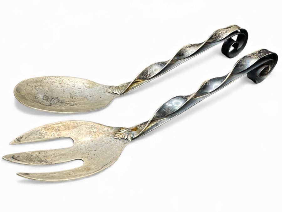Handmade Ornate Sterling Silver Salad Serving Utensils Set With Spoon And Fork 10'L 216.9g