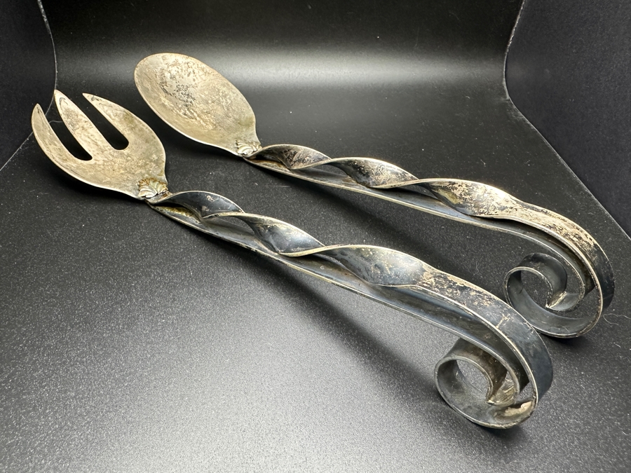 Handmade Ornate Sterling Silver Salad Serving Utensils Set With Spoon And Fork 10'L 216.9g [Photo 5]