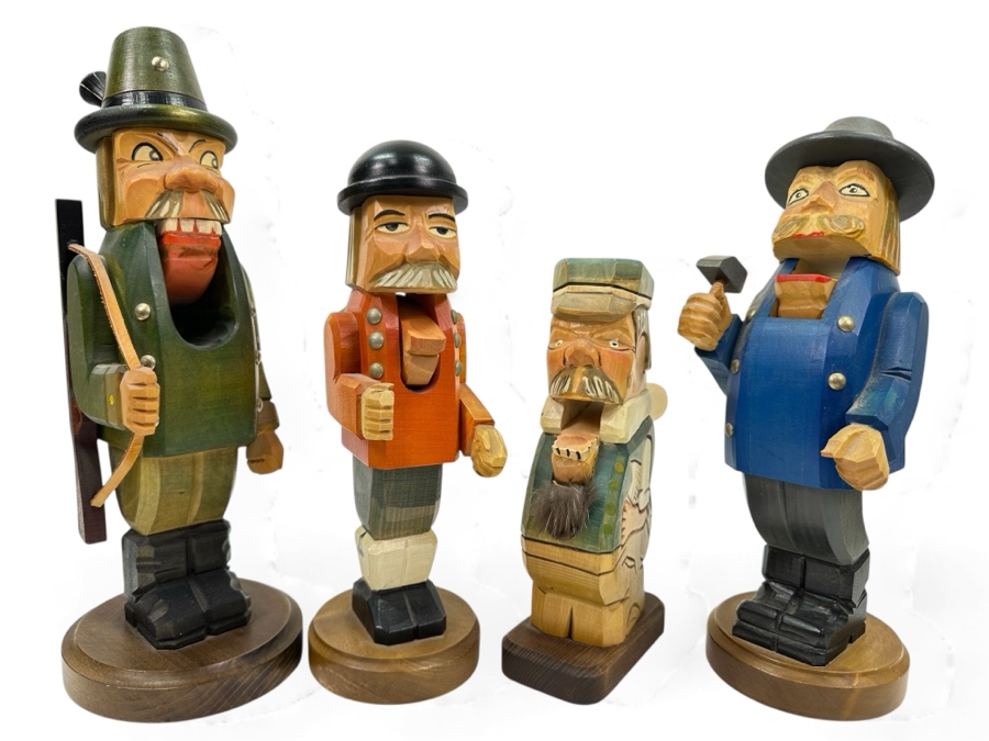 Collection Of Four Traditional German Wooden Nutcracker Figurines 9H To 13H