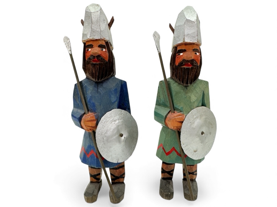 Pair Hand Carved Wooden Danish Viking Figurines 5.25'H