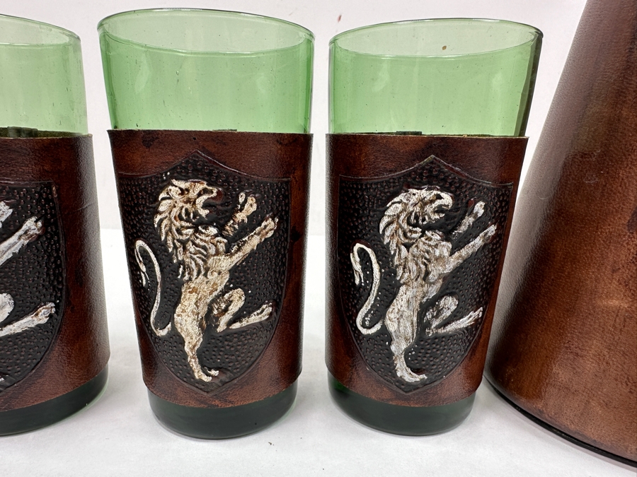 Italian Wrapped Leather Liquor Decanter 14H With 6 Glasses (One Glass Is Missing) [Photo 3]