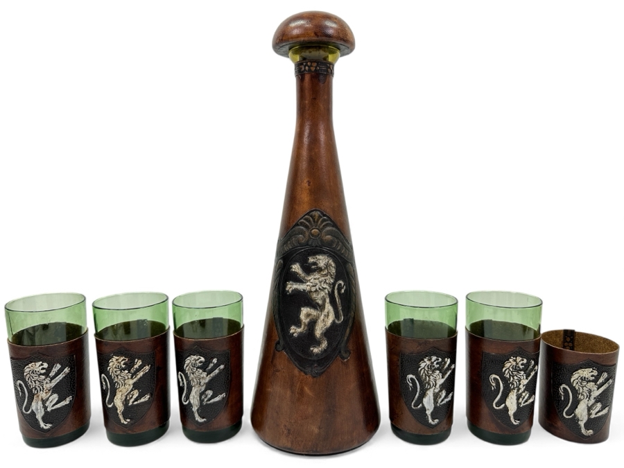 Italian Wrapped Leather Liquor Decanter 14H With 6 Glasses (One Glass Is Missing)