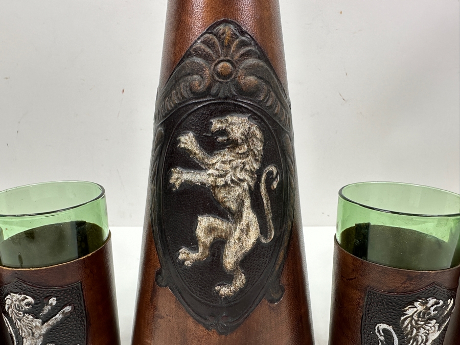 Italian Wrapped Leather Liquor Decanter 14H With 6 Glasses (One Glass Is Missing) [Photo 2]