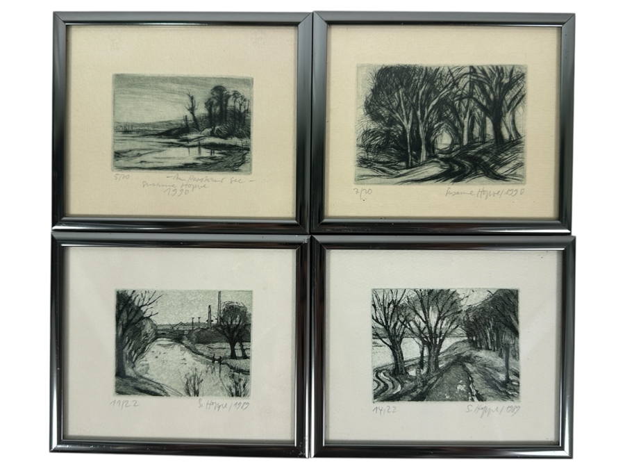 Set Of Four Susanne Hoppe German Etchings 2.5W X 2.25H Framed 5 X 4