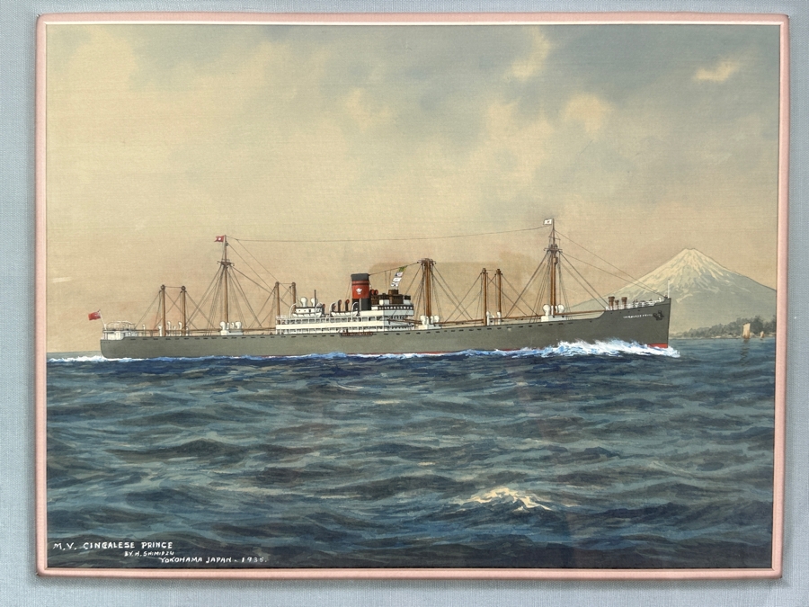H. Shimidzu (20th Century, Japan) Vintage 1935 Original Watercolor Gouache On Silk Yokohama Japan Ship Painting Of M. V. Cingalese Prince (British Motor Merchant) Was Torpedoed And Sunk By U-111 (Wilhelm Kleinschmidt) In 1941 15.5' X 12' Framed 26' X 22'