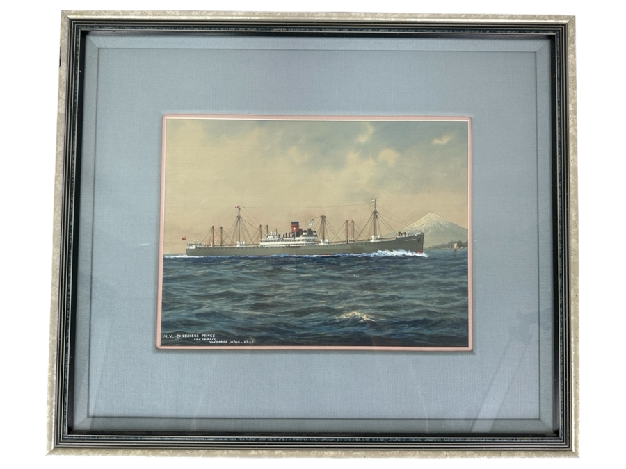 H. Shimidzu (20th Century, Japan) Vintage 1935 Original Watercolor Gouache On Silk Yokohama Japan Ship Painting Of M. V. Cingalese Prince (British Motor Merchant) Was Torpedoed And Sunk By U-111 (Wilhelm Kleinschmidt) In 1941 15.5' X 12' Framed 26' X 22' [Photo 2]