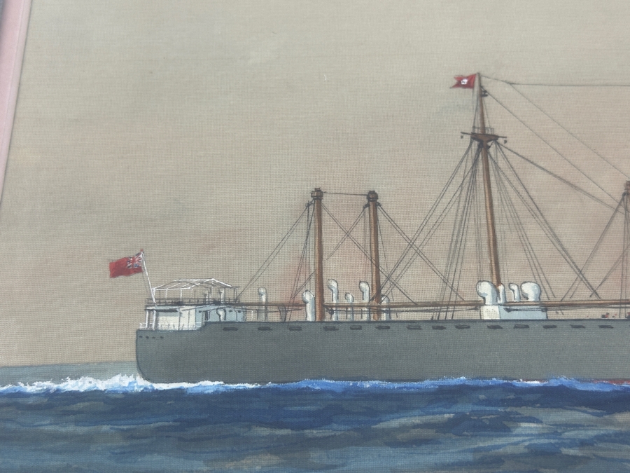H. Shimidzu (20th Century, Japan) Vintage 1935 Original Watercolor Gouache On Silk Yokohama Japan Ship Painting Of M. V. Cingalese Prince (British Motor Merchant) Was Torpedoed And Sunk By U-111 (Wilhelm Kleinschmidt) In 1941 15.5' X 12' Framed 26' X 22' [Photo 8]