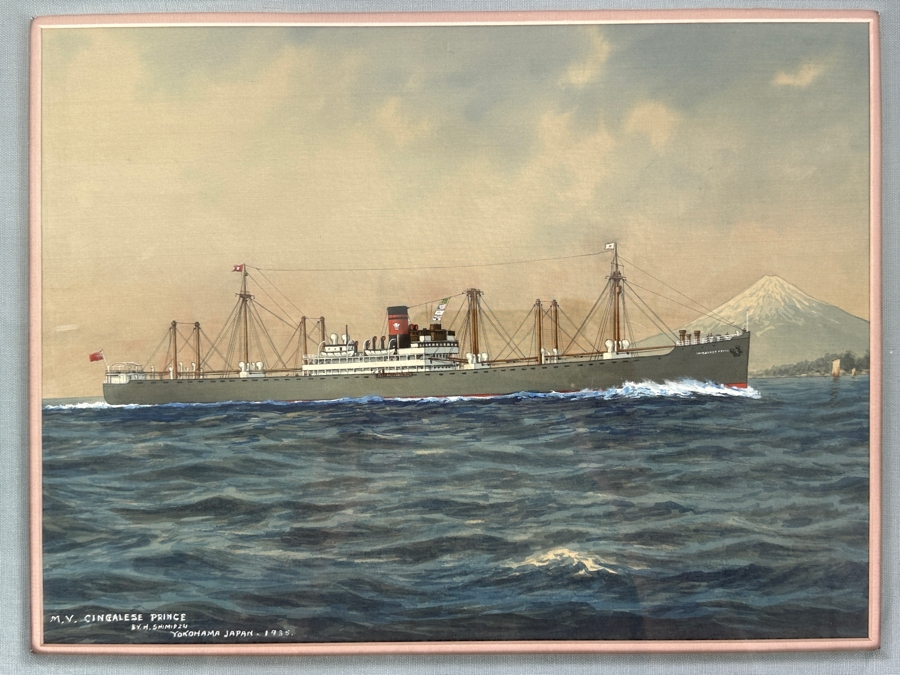 H. Shimidzu (20th Century, Japan) Vintage 1935 Original Watercolor Gouache On Silk Yokohama Japan Ship Painting Of M. V. Cingalese Prince (British Motor Merchant) Was Torpedoed And Sunk By U-111 (Wilhelm Kleinschmidt) In 1941 15.5' X 12' Framed 26' X 22' [Photo 4]