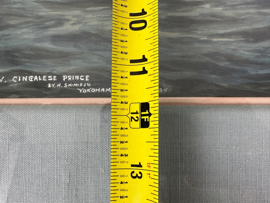 H. Shimidzu (20th Century, Japan) Vintage 1935 Original Watercolor Gouache On Silk Yokohama Japan Ship Painting Of M. V. Cingalese Prince (British Motor Merchant) Was Torpedoed And Sunk By U-111 (Wilhelm Kleinschmidt) In 1941 15.5' X 12' Framed 26' X 22' [Photo 14]