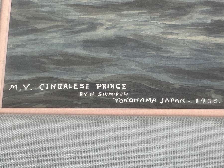 H. Shimidzu (20th Century, Japan) Vintage 1935 Original Watercolor Gouache On Silk Yokohama Japan Ship Painting Of M. V. Cingalese Prince (British Motor Merchant) Was Torpedoed And Sunk By U-111 (Wilhelm Kleinschmidt) In 1941 15.5' X 12' Framed 26' X 22' [Photo 9]