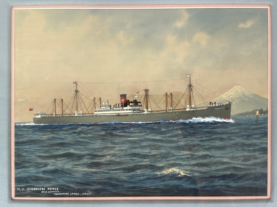 H. Shimidzu (20th Century, Japan) Vintage 1935 Original Watercolor Gouache On Silk Yokohama Japan Ship Painting Of M. V. Cingalese Prince (British Motor Merchant) Was Torpedoed And Sunk By U-111 (Wilhelm Kleinschmidt) In 1941 15.5' X 12' Framed 26' X 22' [Photo 3]