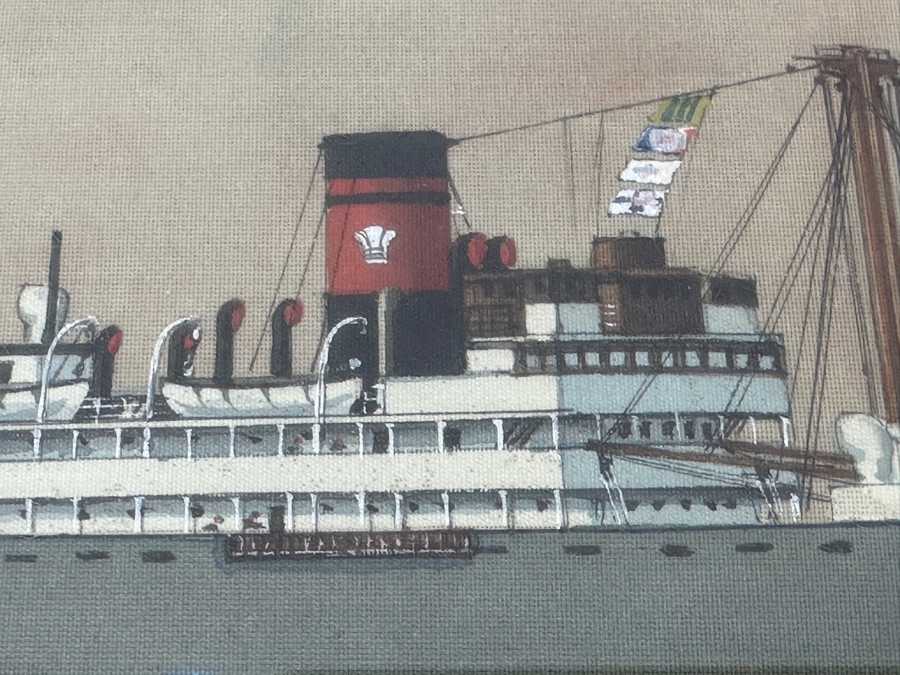 H. Shimidzu (20th Century, Japan) Vintage 1935 Original Watercolor Gouache On Silk Yokohama Japan Ship Painting Of M. V. Cingalese Prince (British Motor Merchant) Was Torpedoed And Sunk By U-111 (Wilhelm Kleinschmidt) In 1941 15.5' X 12' Framed 26' X 22' [Photo 12]