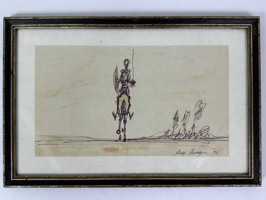 Ray Aragon (1926-2009, American) Disney / Looney Tunes / Fred Calvert Productions Animation Artist / Production Designer Original 'Don Quixote' Sketch Signed Lower Right Dated 1970 9 X 5 Framed 11.5 X 8 [Photo 2]
