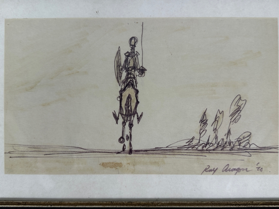 Ray Aragon (1926-2009, American) Disney / Looney Tunes / Fred Calvert Productions Animation Artist / Production Designer Original 'Don Quixote' Sketch Signed Lower Right Dated 1970 9 X 5 Framed 11.5 X 8