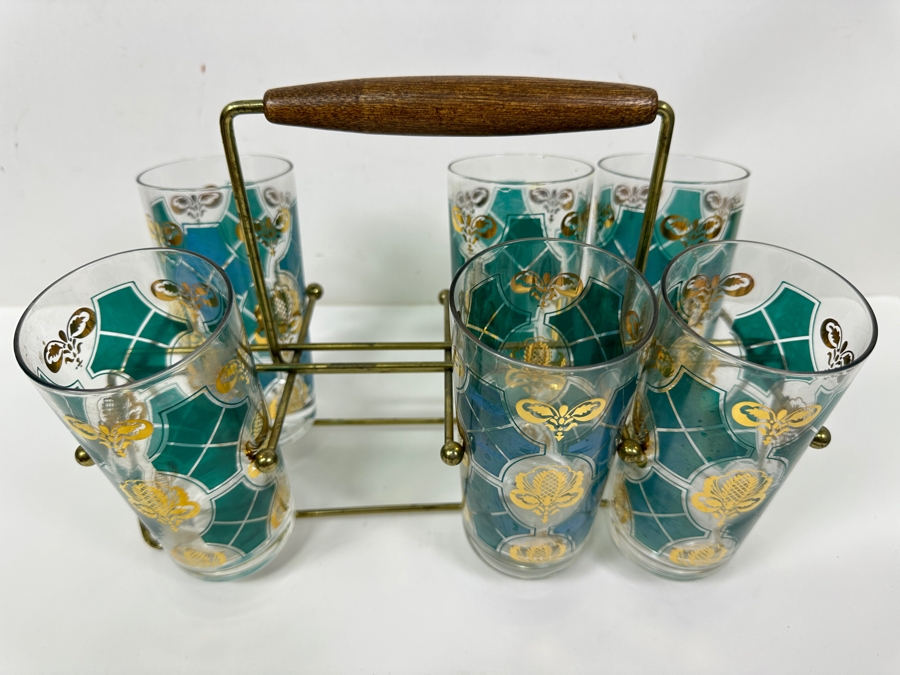 Mid-Century Modern Brass Caddy 12.5W X 8.5H With Six Vintage Highball Glasses [Photo 3]