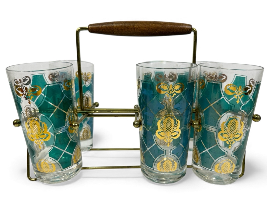 Mid-Century Modern Brass Caddy 12.5W X 8.5H With Six Vintage Highball Glasses