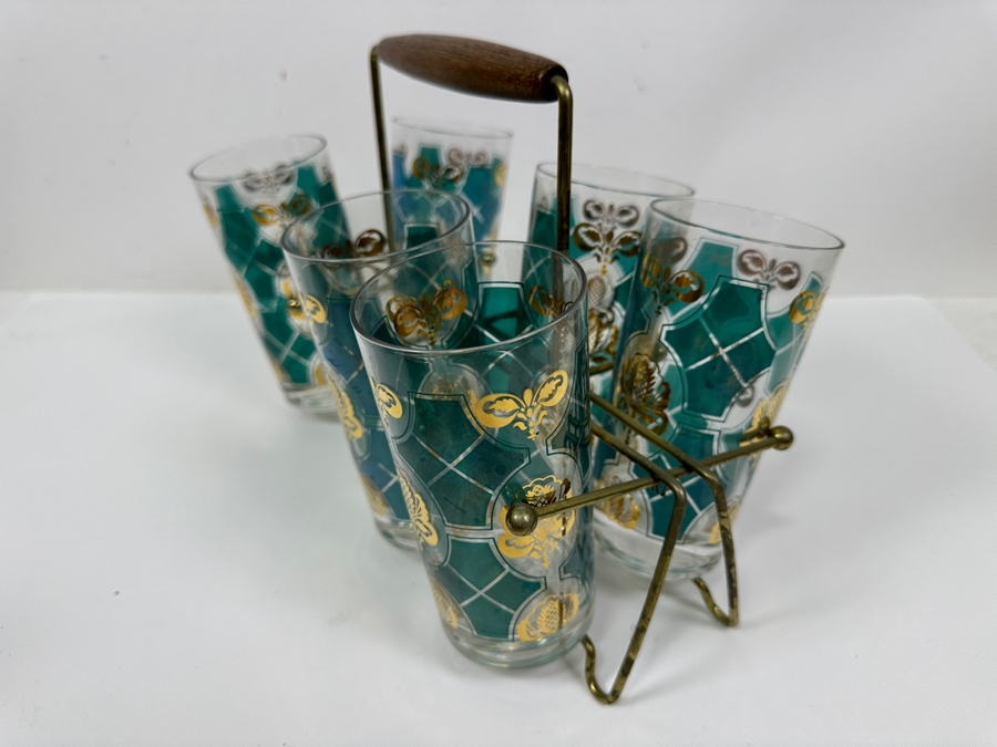 Mid-Century Modern Brass Caddy 12.5W X 8.5H With Six Vintage Highball Glasses [Photo 6]