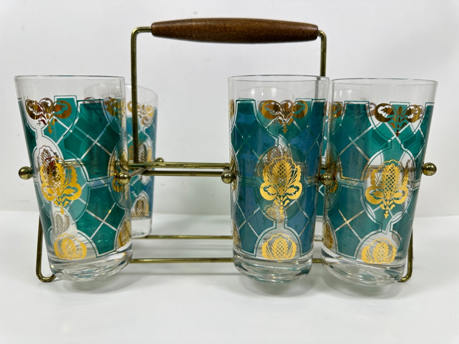 Mid-Century Modern Brass Caddy 12.5W X 8.5H With Six Vintage Highball Glasses [Photo 2]