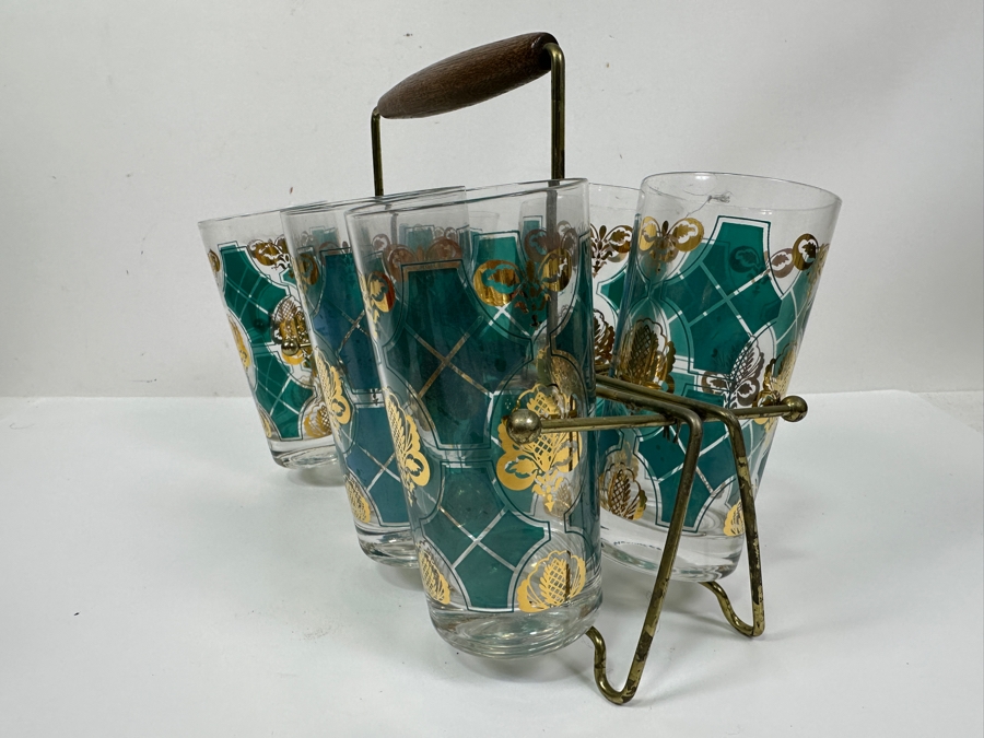 Mid-Century Modern Brass Caddy 12.5W X 8.5H With Six Vintage Highball Glasses [Photo 5]