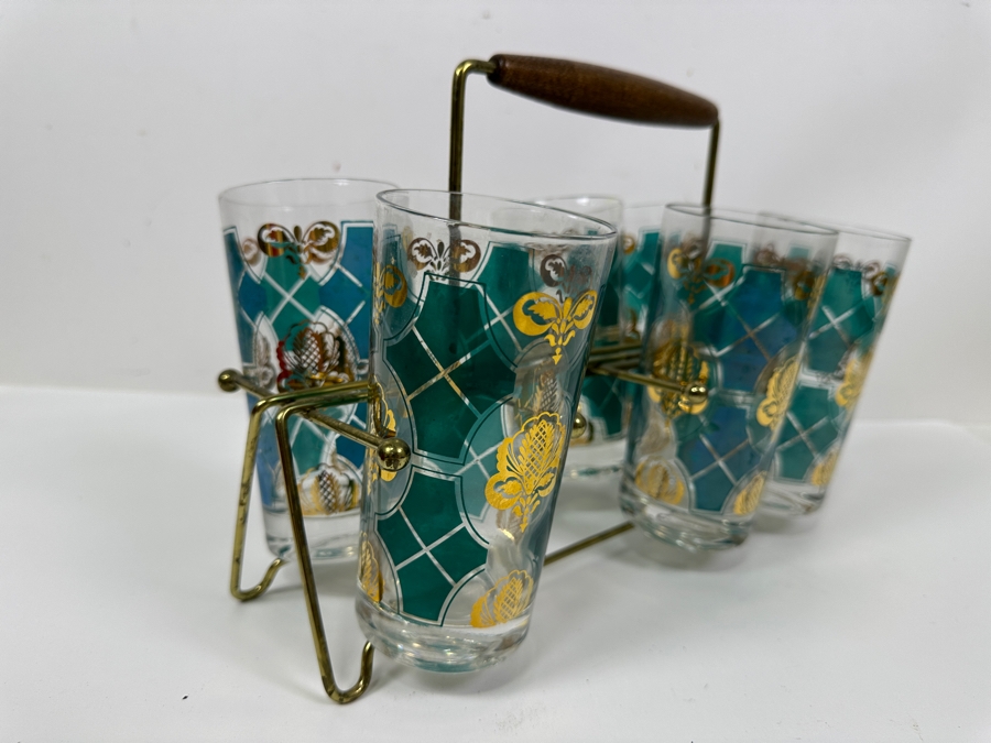 Mid-Century Modern Brass Caddy 12.5W X 8.5H With Six Vintage Highball Glasses [Photo 4]