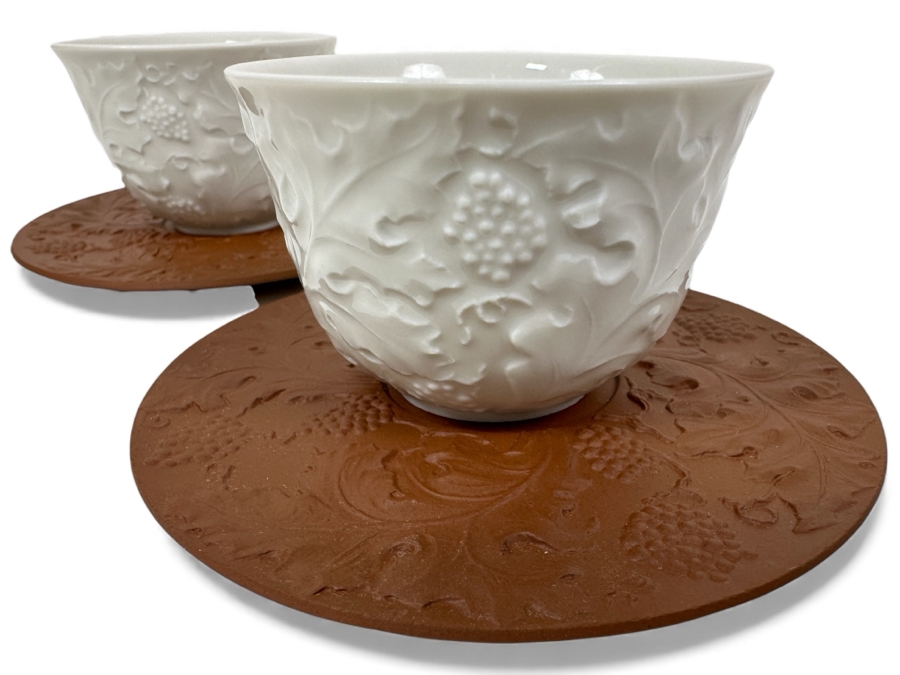 (2) Meissen Germany Porcelain White Tea Bowls & Saucers 4.25'W