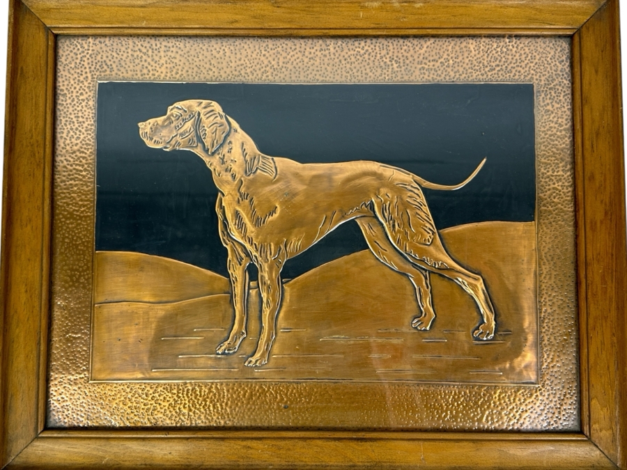 Vintage Repousse Copper Artwork Of An English Pointer Dog Framed 18 X 14