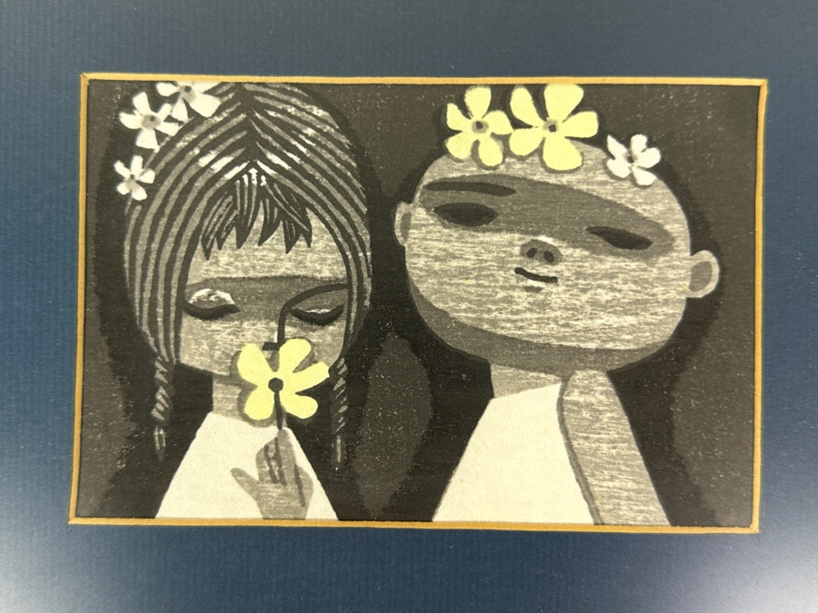 Pair Of Japanese Woodblock Prints By Shuzo Ikeda (1922-2004, Japan) Titled 'Children Playing With Cat's Cradle' & 'Clover' 6 X 4 Framed [Photo 3]