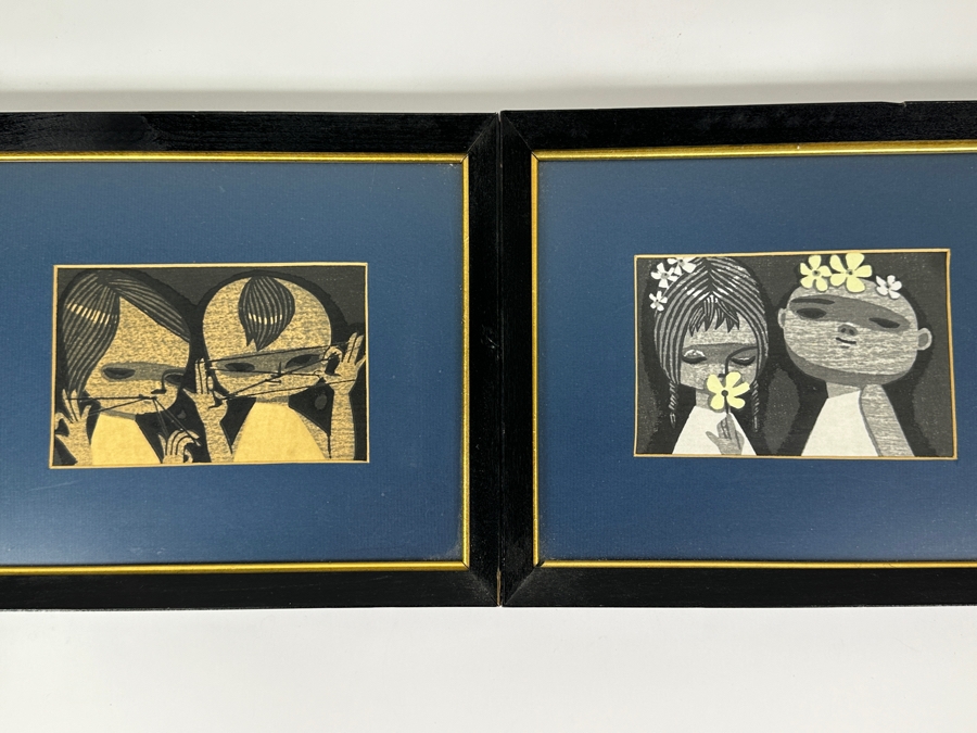 Pair Of Japanese Woodblock Prints By Shuzo Ikeda (1922-2004, Japan) Titled 'Children Playing With Cat's Cradle' & 'Clover' 6 X 4 Framed [Photo 4]