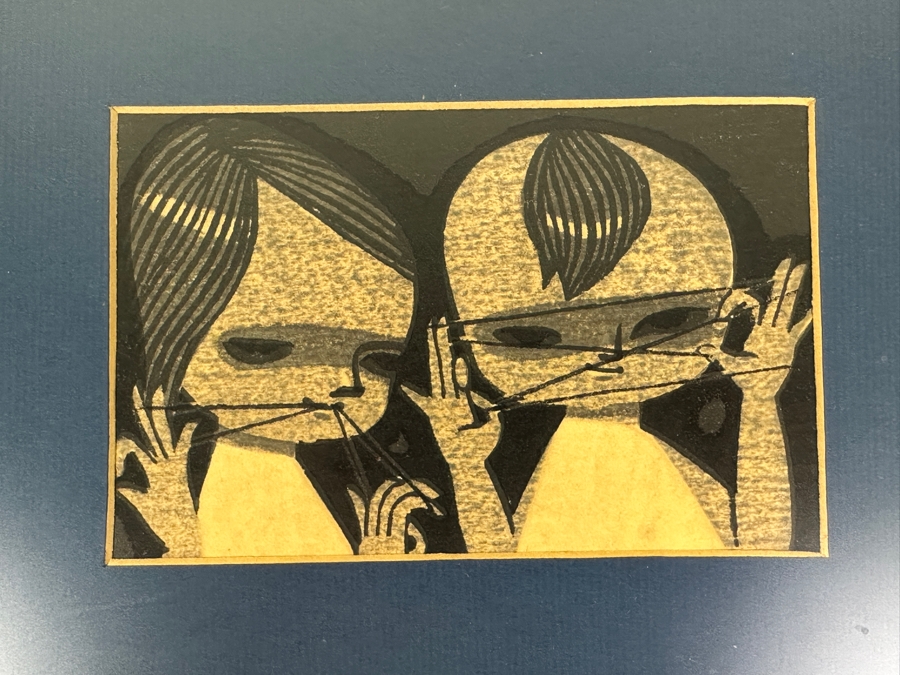 Pair Of Japanese Woodblock Prints By Shuzo Ikeda (1922-2004, Japan) Titled 'Children Playing With Cat's Cradle' & 'Clover' 6 X 4 Framed [Photo 2]