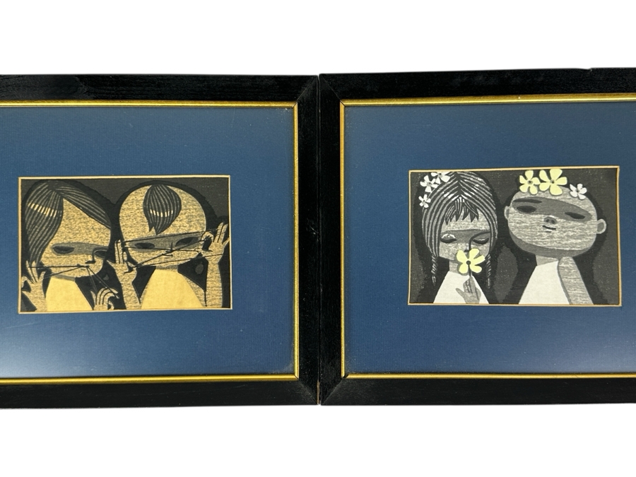 Pair Of Japanese Woodblock Prints By Shuzo Ikeda (1922-2004, Japan) Titled 'Children Playing With Cat's Cradle' & 'Clover' 6 X 4 Framed