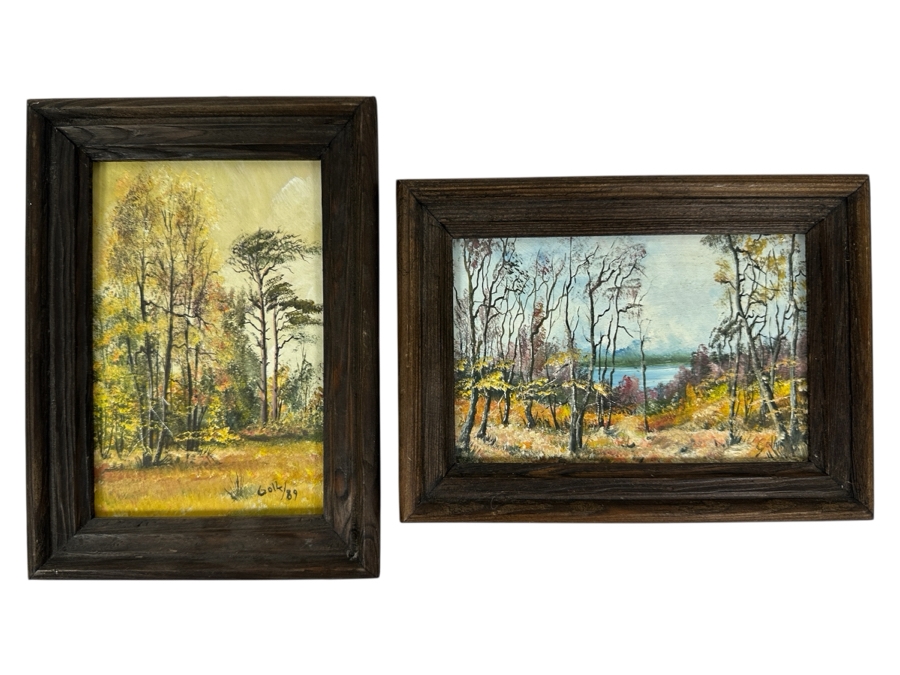 Pair Of Original 1989 Miniature Landscape Paintings On Board By Golk 4.5 X 6.5