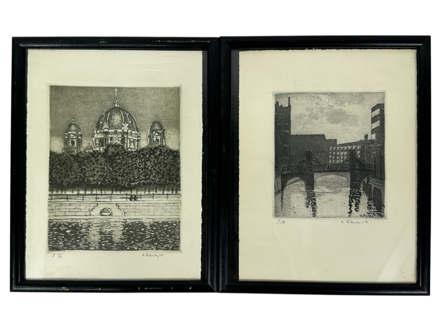 Pair Of Ulrich Fritzsche DDR Berlin Artist Hand Signed Etchings Dated 1981 & 1983 6 X 7 / 4.5 X 5.5