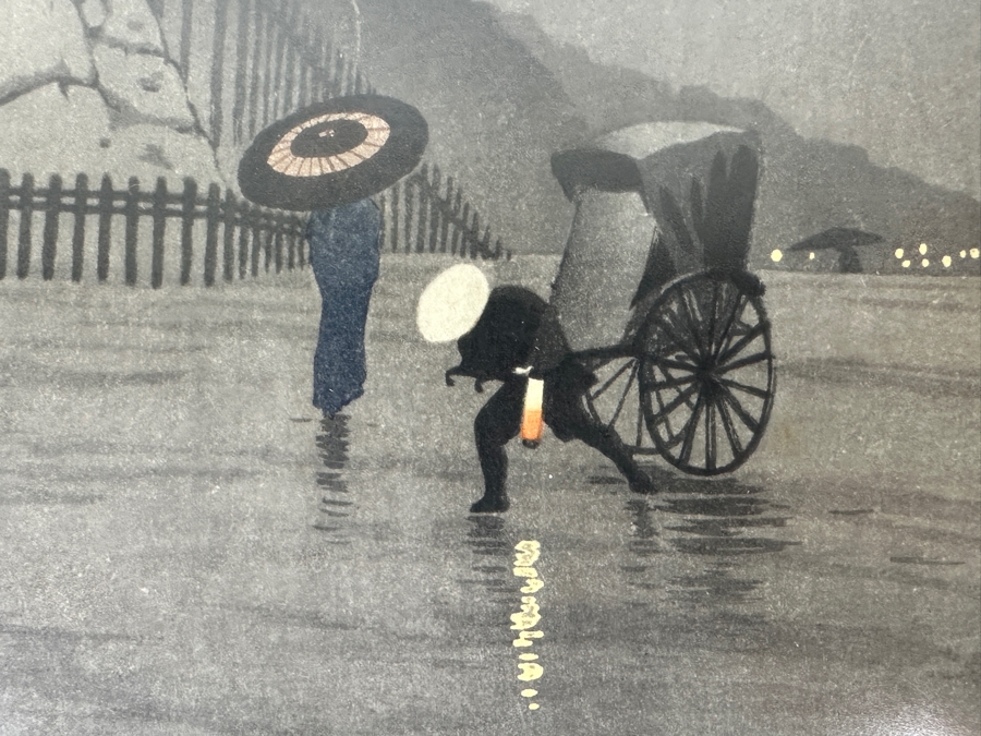 Vintage Kobayashi Kiyochika (1847-1915, Japan) Japanese Woodblock Print Titled 'A Rainy Day At Kudan' 7 X 10 Framed 10 X 13 [Photo 6]