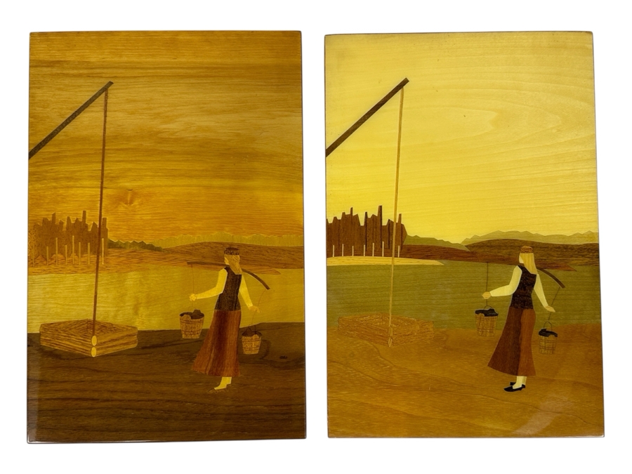 Pair Of USSR Marquetry Artwork Wooden Wall Plaque 9 X 13