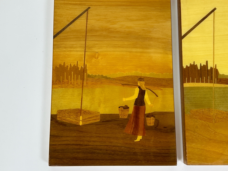 Pair Of USSR Marquetry Artwork Wooden Wall Plaque 9 X 13 [Photo 4]