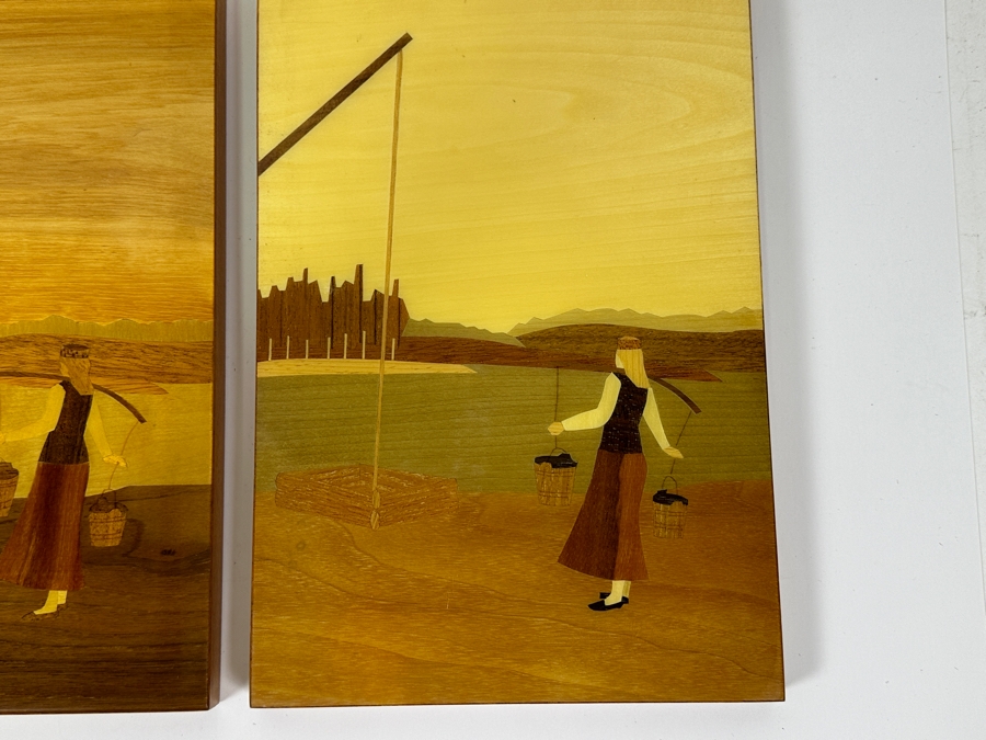 Pair Of USSR Marquetry Artwork Wooden Wall Plaque 9 X 13 [Photo 2]