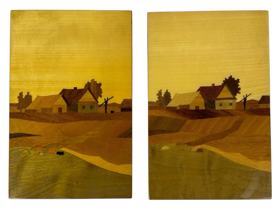 Pair Of USSR Marquetry Landscape Artwork Wooden Wall Plaques 8 X 12