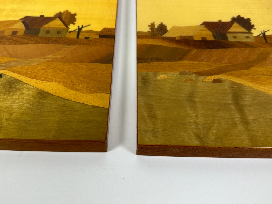 Pair Of USSR Marquetry Landscape Artwork Wooden Wall Plaques 8 X 12 [Photo 4]