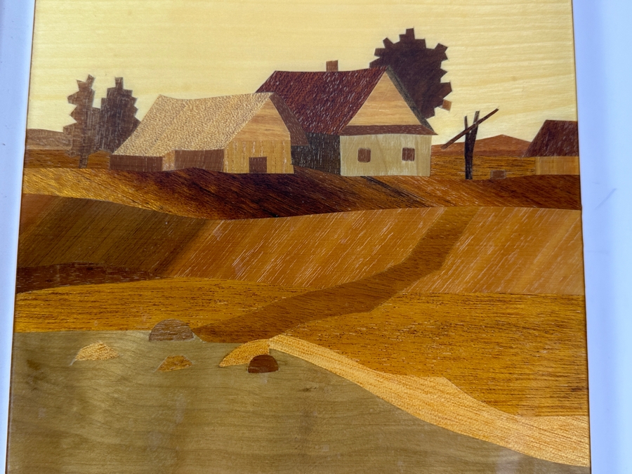 Pair Of USSR Marquetry Landscape Artwork Wooden Wall Plaques 8 X 12 [Photo 2]