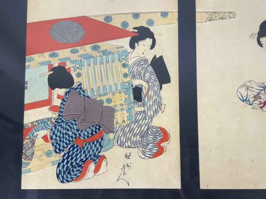 Chikanobu Yoshu (1838-1912, Japan) Japanese Woodblock Print Titled 'Princess Going Out' From The Series High-Ranking Ladies Of The Tokugawa Era Triptych 9 X 13.5 Each Framed 35 X 19 [Photo 4]