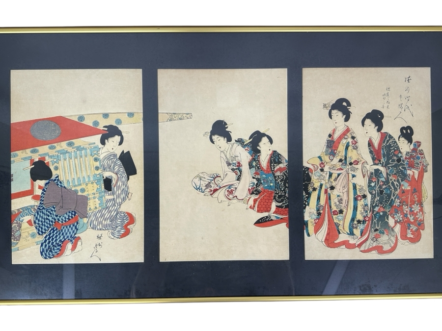 Chikanobu Yoshu (1838-1912, Japan) Japanese Woodblock Print Titled 'Princess Going Out' From The Series High-Ranking Ladies Of The Tokugawa Era Triptych 9 X 13.5 Each Framed 35 X 19
