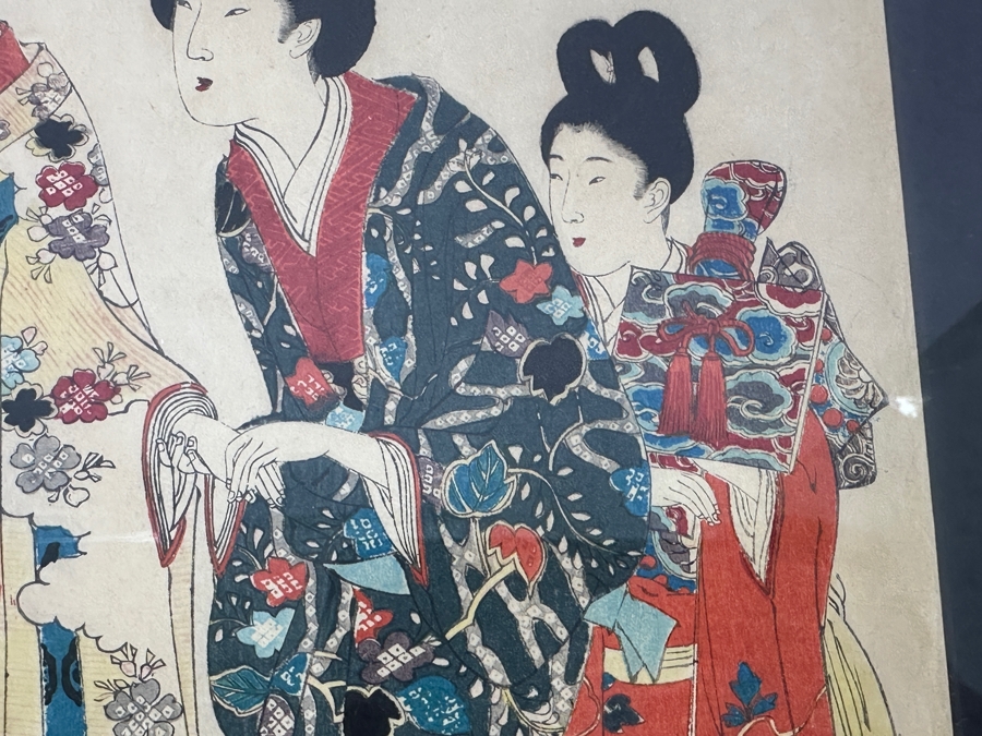 Chikanobu Yoshu (1838-1912, Japan) Japanese Woodblock Print Titled 'Princess Going Out' From The Series High-Ranking Ladies Of The Tokugawa Era Triptych 9 X 13.5 Each Framed 35 X 19 [Photo 12]