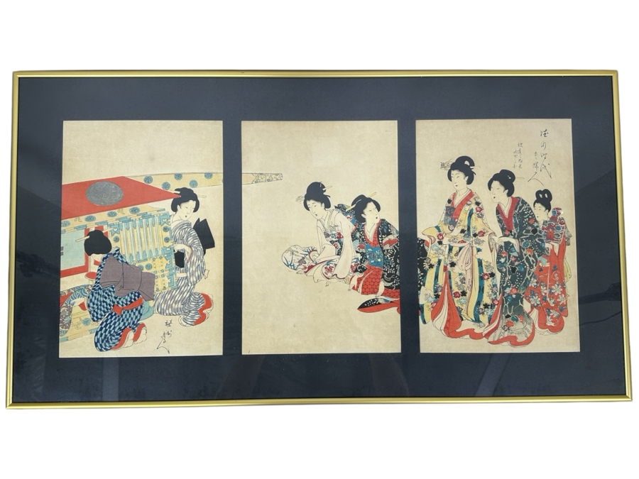 Chikanobu Yoshu (1838-1912, Japan) Japanese Woodblock Print Titled 'Princess Going Out' From The Series High-Ranking Ladies Of The Tokugawa Era Triptych 9 X 13.5 Each Framed 35 X 19 [Photo 2]