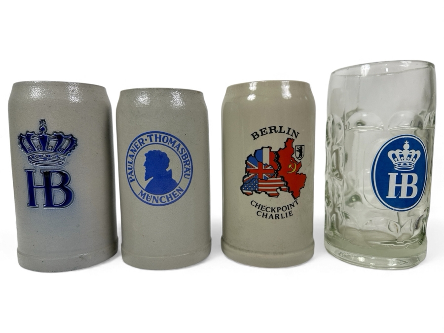 (4) German 1L Beer Steins Including Berlin Checkpoint Charlie Stein