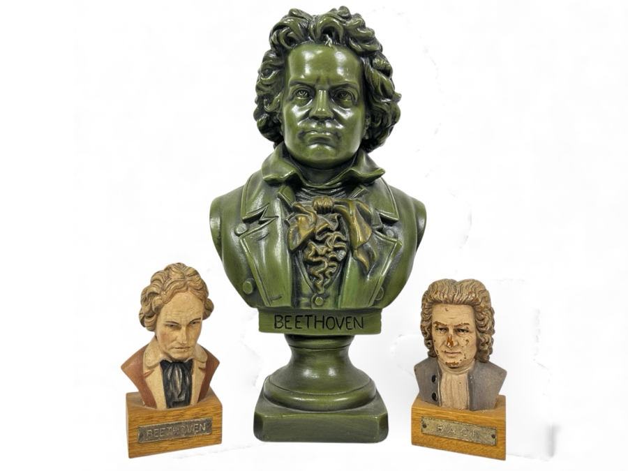 Pair Of Small Toriart Anri Italy Busts Of Beethoven & Bach And Beethoven Plaster Bust 11H
