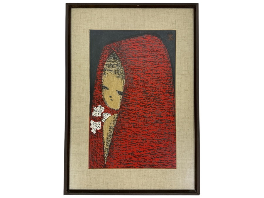 Kaoru Kawano (1916-1965, Japan) Japanese Woodblock Print Titled 'Dream / Girl With Flowers' 9 X 14 Framed 14 X 20 [Photo 2]
